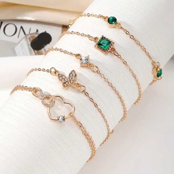 NEW Set of 5 Bracelets Gold 18k Emerald Butterfly Infinity Heart Birthday Gift - Picture 2 of 6